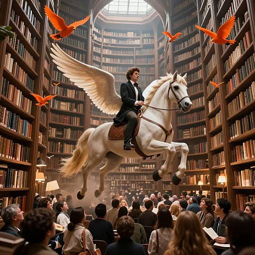 Photograph-like digital art: A man with angel wings and a black suit rides a white pegasus through a grand, dimly lit library with red