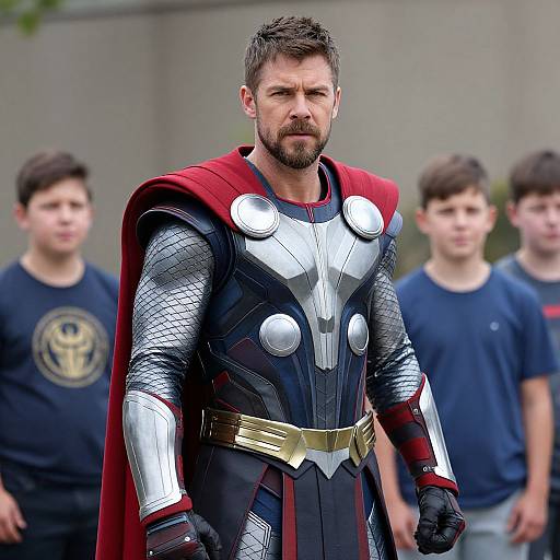 Photograph of a bearded man in a Captain America-like metallic armor with red cape, standing in front of three young men in casual clothes.