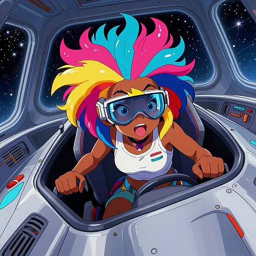 Vibrant digital illustration of a dark-skinned girl with colorful pink, blue, and yellow hair, wearing a white tank top, large goggles,