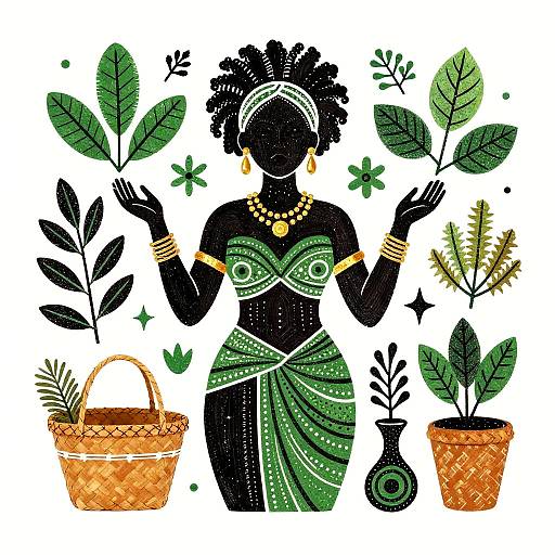 Digital illustration of a black African woman in a green leaf-patterned dress, adorned with gold jewelry, surrounded by various potted plants.