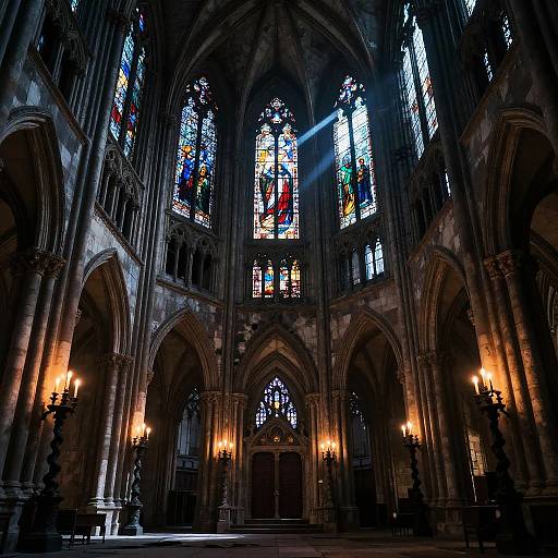 Photograph of a Gothic cathedral interior, showcasing intricate stained glass windows, arched ceilings, and warm yellow lanterns casting soft light.