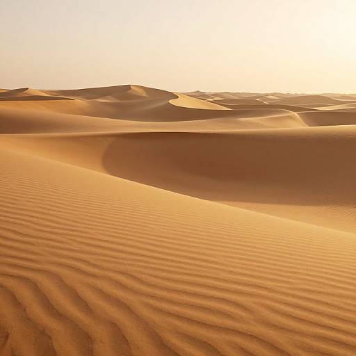 Photograph of golden desert sand dunes at sunset, with rippled textures in the foreground and smooth, shadowed hills in the background.