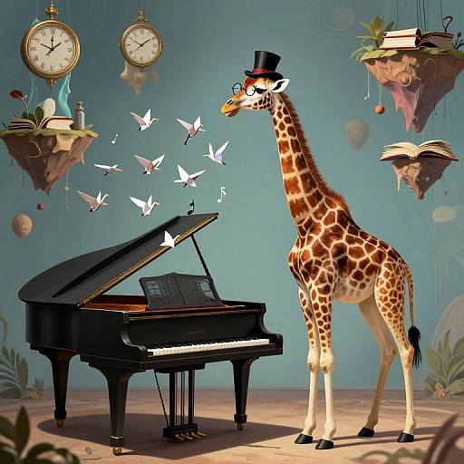 Digital illustration of a giraffe in a top hat, standing beside a grand piano, with floating butterflies and floating books in a whimsical, blue-w