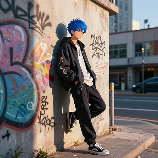 Photograph of a blue-haired anime-style boy leaning against a graffiti-covered concrete wall, wearing black hoodie, white shirt, and black pants, in a