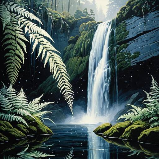 Misty Waterfall and Fern Under Stars