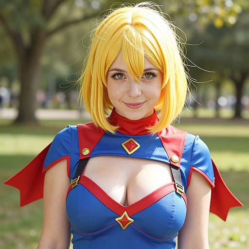 Photograph of a blonde cosplayer with blue and red superhero outfit, large breasts, yellow hair, smiling in a sunny park.