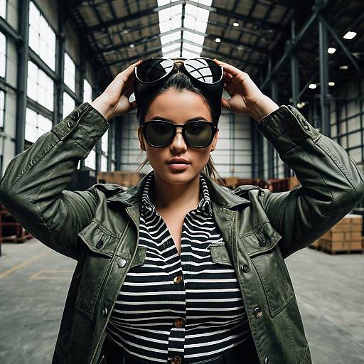Stylish Woman in Leather Jacket in Industrial Warehouse