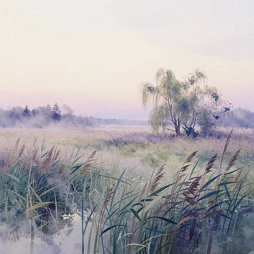 Minimalist Watercolor Marshland Twilight
