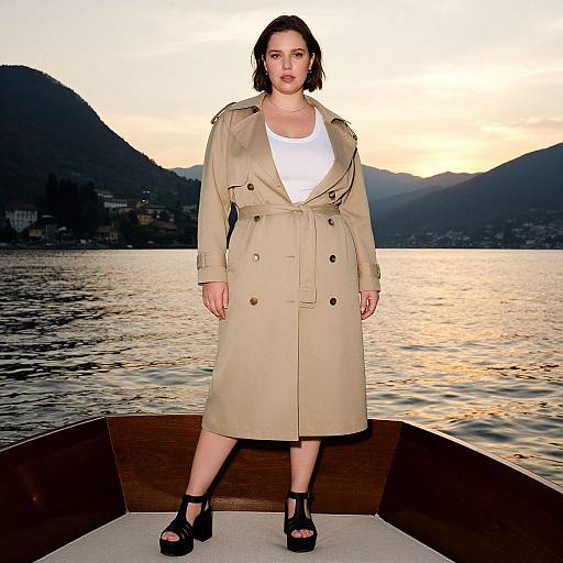 Photograph of a serious woman with short dark hair, wearing a beige trench coat, white top, and black sandals, standing on a boat at sunset