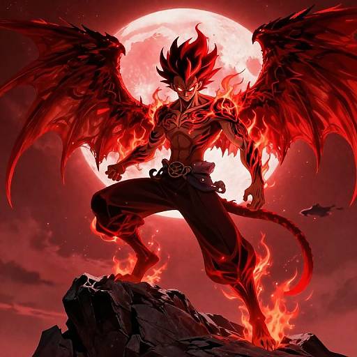 Digital anime artwork of a muscular, demonic warrior with red flaming wings, black pants, and a spiked hairstyle, standing on a rock against a bright full