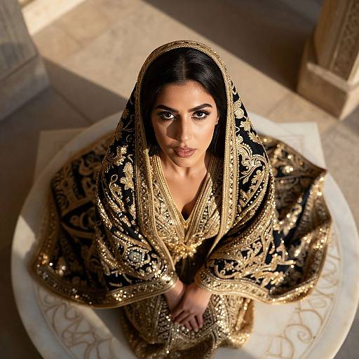 Photograph of a South Asian woman with dark hair, wearing an ornate black and gold embroidered veil, sitting on a white circular platform in a sun