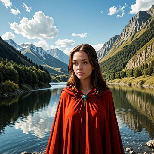 Woman in Red Cloak by Mountain Lake