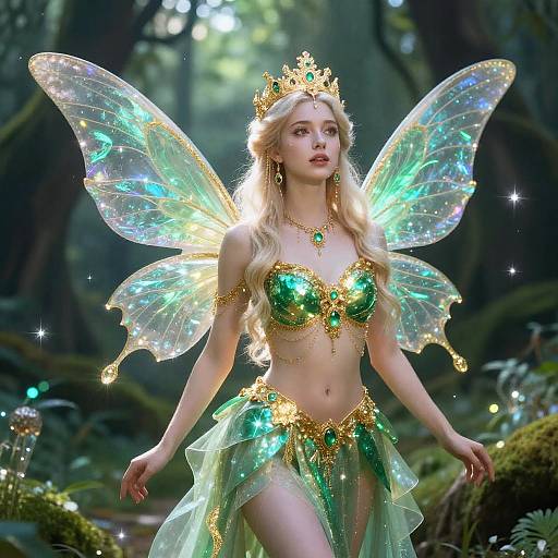 Digital fantasy artwork of a blonde fairy with iridescent wings, wearing a green and gold crown, bra, and skirt, standing in a mystical forest