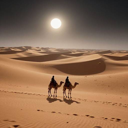 Photograph of two silhouetted riders on camels, traversing vast, sunlit, undulating sand dunes under a bright, clear