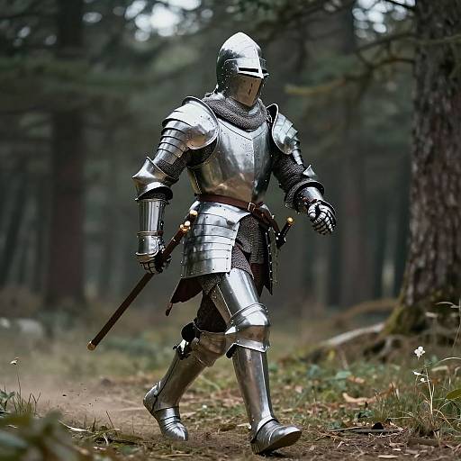 Photograph of a medieval knight in full silver armor, walking through a forest with a sword at his side, blurred trees in background.