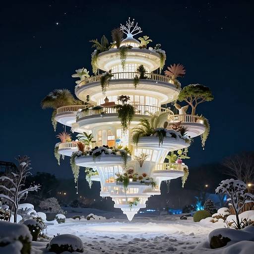Photograph of a futuristic, multi-tiered, illuminated floating house at night, adorned with plants and lit windows, surrounded by snow-covered landscape.