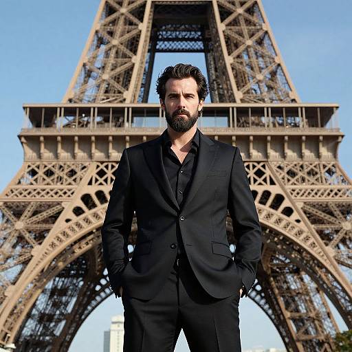 Photograph of a bearded man with dark hair in a black suit standing confidently in front of the Eiffel Tower on a clear blue day.