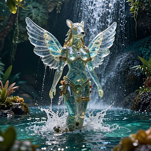 Glowing, winged, humanoid statue with rabbit ears splashing through a jungle waterfall, adorned with gold and jewels, surrounded by lush greenery