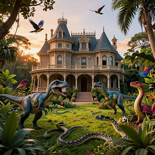 Photorealistic digital art: Prehistoric dinosaurs, including a T-Rex and raptors, in a lush jungle surrounding a Victorian-style mansion at sunset