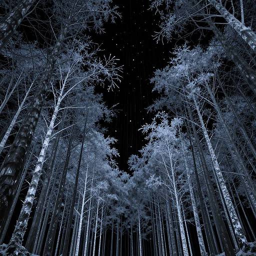 Photograph of a surreal, blue-tinged forest at night with tall, slender trees reaching upwards, creating a starry, dark sky canopy.