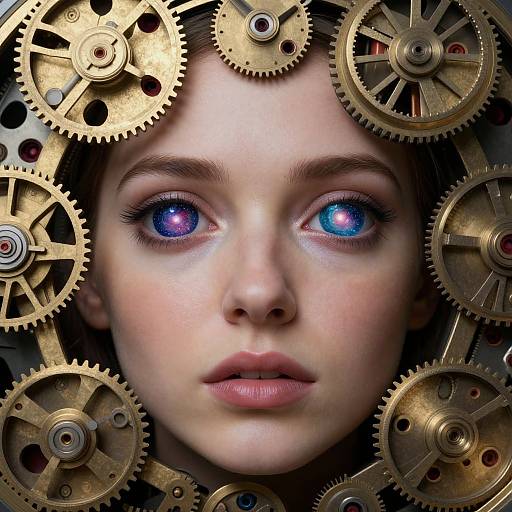 Photorealistic digital portrait of a young woman with striking blue and purple heterochromatic eyes, surrounded by intricate brass gears, blending human and mechanical elements