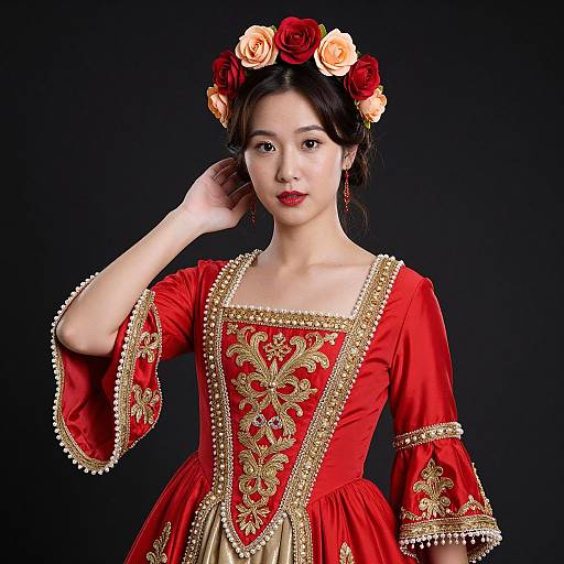 Photograph of an Asian woman in a red Renaissance-style dress with gold embroidery, wearing a floral crown, against a black background.