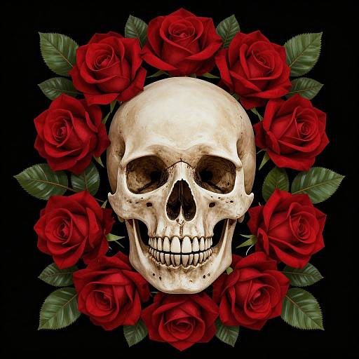 Digital artwork of a white, detailed human skull centered among vibrant red roses with green leaves, all against a black background.