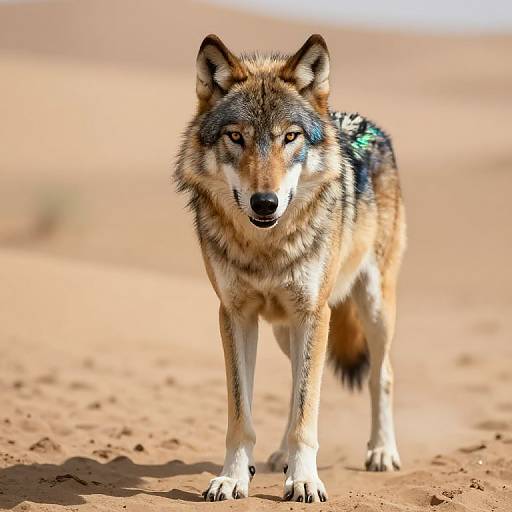 Photograph of a tan and gray wolf standing on a sandy desert, with blurred background, wearing a blue and green harness.