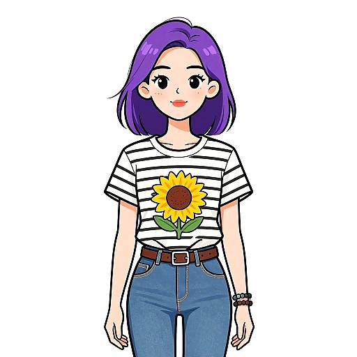 Digital anime-style drawing of a smiling woman with purple hair, wearing a striped shirt with a sunflower, blue jeans, and brown belt.