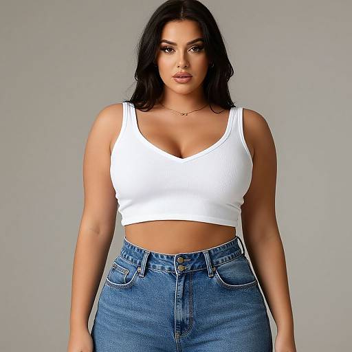 Photograph of a curvy woman with long black hair, wearing a white crop tank top and high-waisted blue jeans, standing against a plain