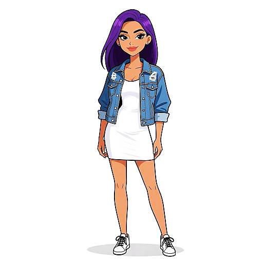 Digital illustration of a confident woman with purple hair, wearing a white dress, blue denim jacket, and white sneakers, standing against a white background.