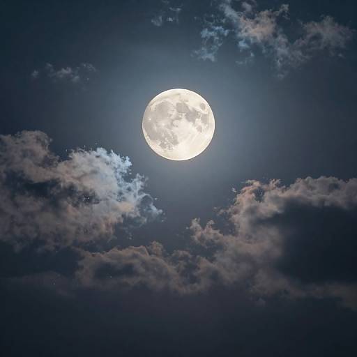 Photograph of a bright, full moon illuminating a dark blue night sky, surrounded by scattered, partially illuminated clouds.