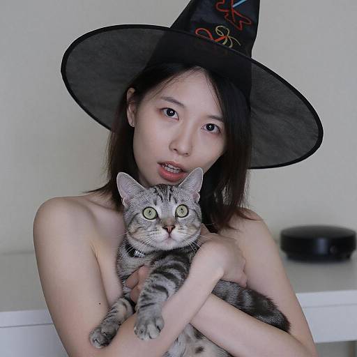 Asian Woman with Witch Hat and Cat
