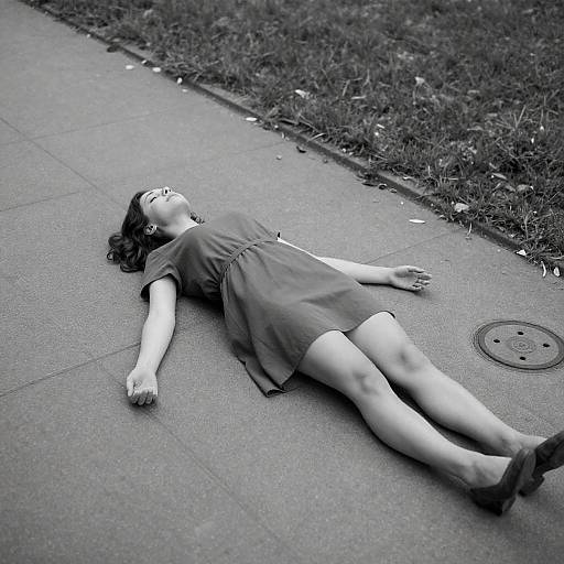 Black-and-White Woman Lying on Sidewalk