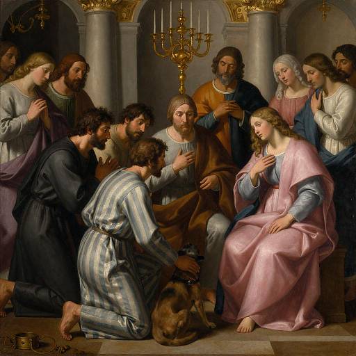 Biblical Scene with Seated Woman and Kneeling Men