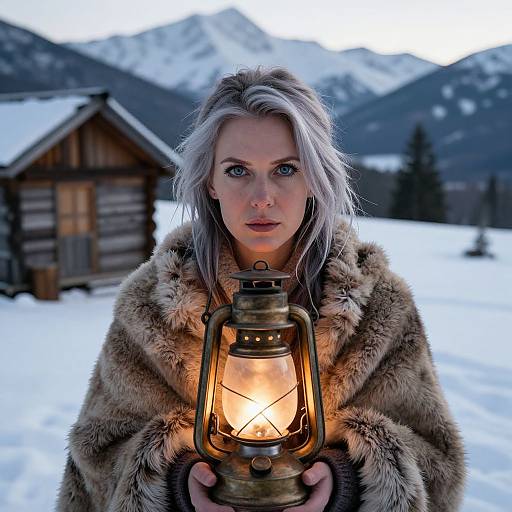 Photograph of a pale-skinned, blue-eyed woman with silver hair, wearing a fur coat, holding a glowing lantern in a snowy mountain village.