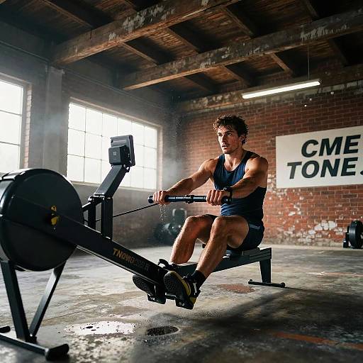 Male Athlete Training on Kayak Ergometer in Brick Gym