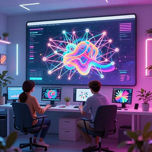 Photograph of two people working at a neon-lit office desk with a large, colorful, glowing abstract star diagram on a screen.