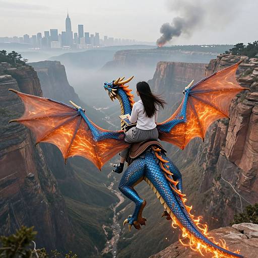 Digital artwork: Woman with long black hair, white shirt, and brown pants rides blue dragon with orange wings and fiery tail over a canyon, overlooking a