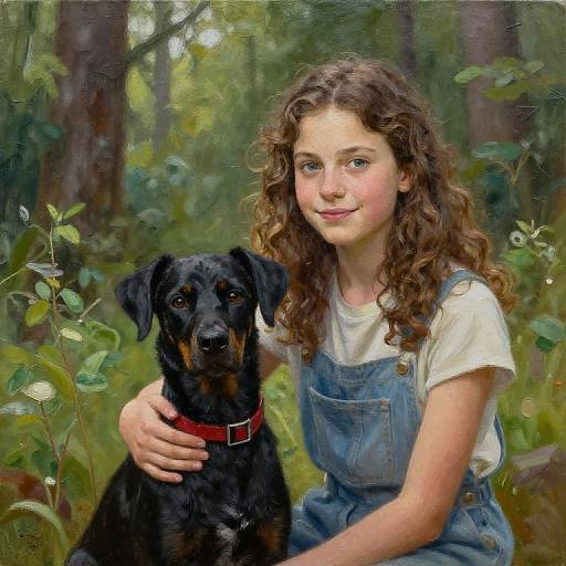 Digital painting of a curly-haired, fair-skinned girl in denim overalls, gently holding a black dog with a red collar, in a lush forest