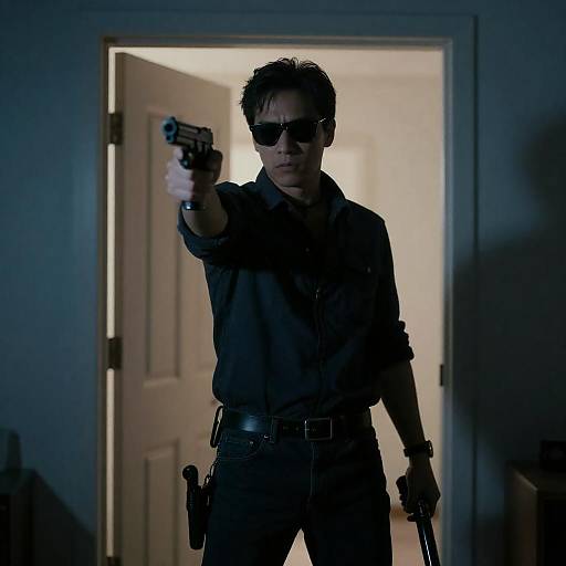 Man in Sunglasses Pointing Gun in Dimly Lit Room