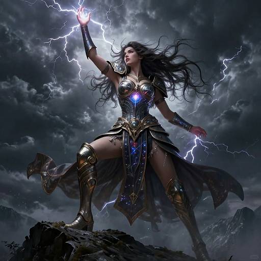 Digital art of a fierce female warrior with long black hair, golden armor, and glowing blue gem, wielding lightning in a stormy sky. Standing on