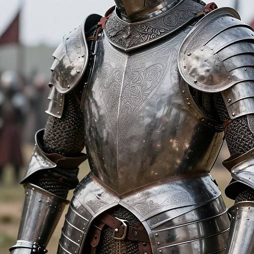 Photograph of a medieval knight in polished, ornate silver armor with intricate patterns, standing outdoors, blurred background of other armored figures.