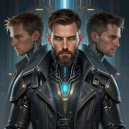 Digital art of three bearded, blue-eyed men in futuristic black leather and cybernetic armor, set against a glowing blue sci-fi background.