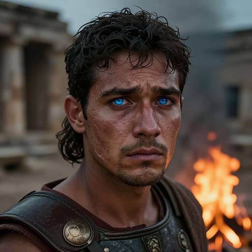 Photorealistic CGI of a wet, grimy, muscular man with intense blue eyes, dark curly hair, and a serious expression, wearing ancient armor