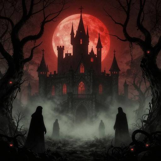 Digital art: Silhouetted figures in hooded robes stand before a gothic castle under a blood-red full moon, surrounded by mist and dark