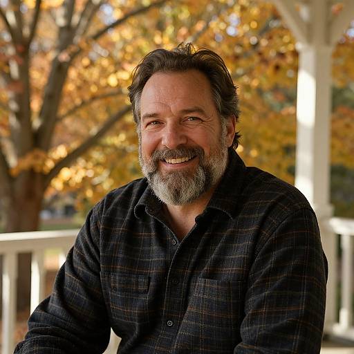 Photograph of a smiling middle-aged man with gray beard and hair, wearing a dark plaid shirt, against a blurred autumn background.
