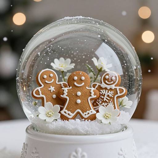 Photograph of a clear snow globe with three decorated gingerbread people, white flowers, and snow, set against a blurred festive background.