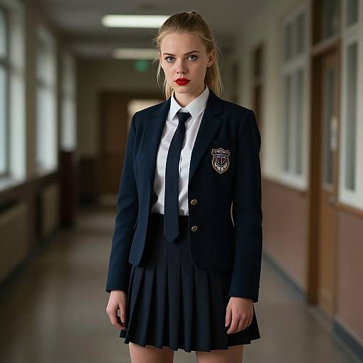 Photograph of a blonde woman in a black school uniform blazer, white shirt, black tie, and pleated skirt, standing in a dimly