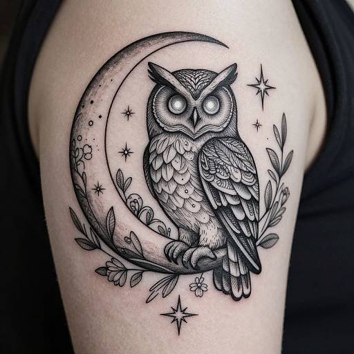 Black and gray tattoo of detailed owl perched on crescent moon with stars and leaves, on a human arm.